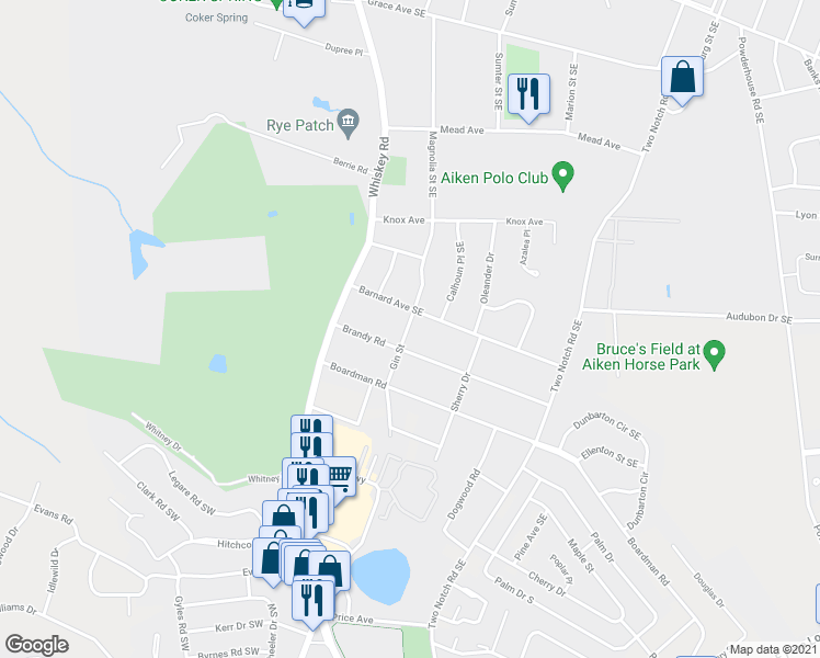 map of restaurants, bars, coffee shops, grocery stores, and more near 308 Gin Street in Aiken