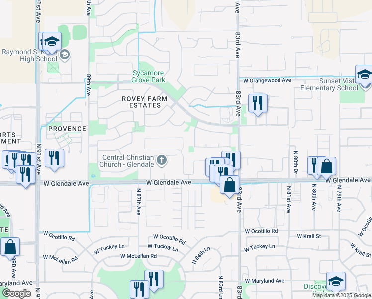 map of restaurants, bars, coffee shops, grocery stores, and more near 7209 North 85th Lane in Glendale