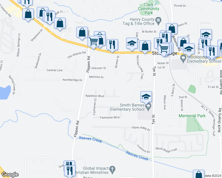 map of restaurants, bars, coffee shops, grocery stores, and more near 305 Hamilton Glenn in Stockbridge