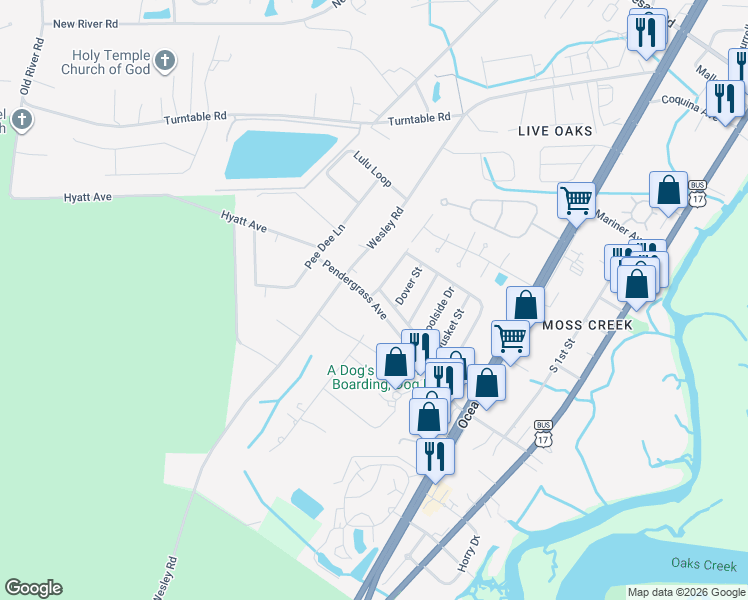 map of restaurants, bars, coffee shops, grocery stores, and more near 6 Crooked Island Circle in Murrells Inlet