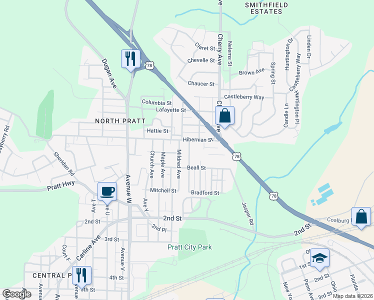 map of restaurants, bars, coffee shops, grocery stores, and more near 400 Miles Avenue in Birmingham
