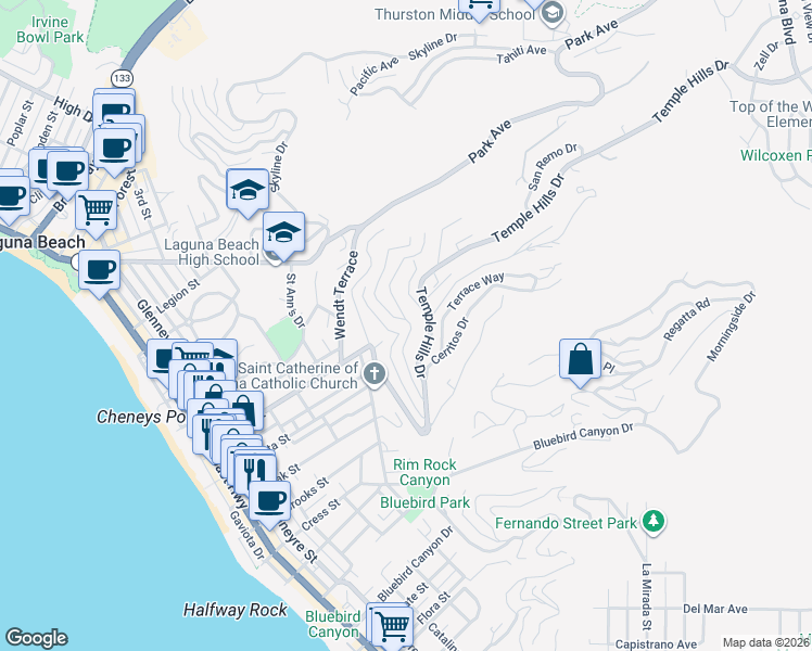map of restaurants, bars, coffee shops, grocery stores, and more near 905 Canyon View Drive in Laguna Beach