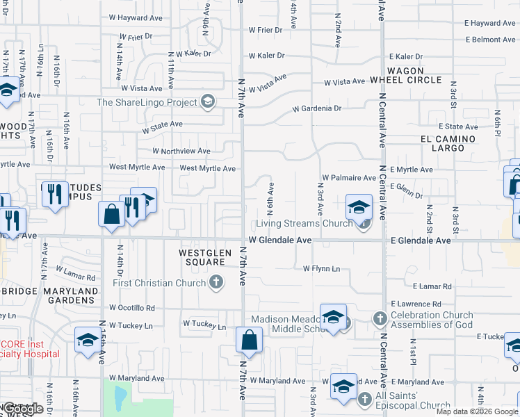 map of restaurants, bars, coffee shops, grocery stores, and more near 7033 North Barbados Place in Phoenix