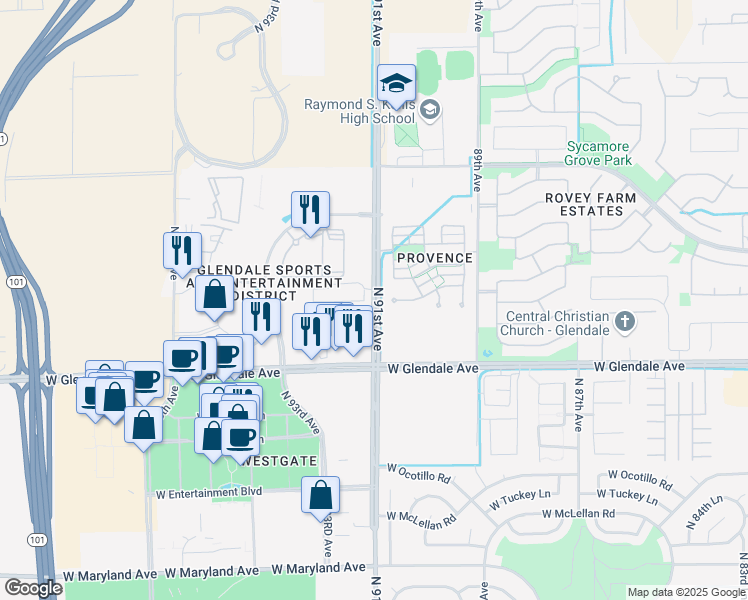 map of restaurants, bars, coffee shops, grocery stores, and more near 7066 North 91st Avenue in Glendale