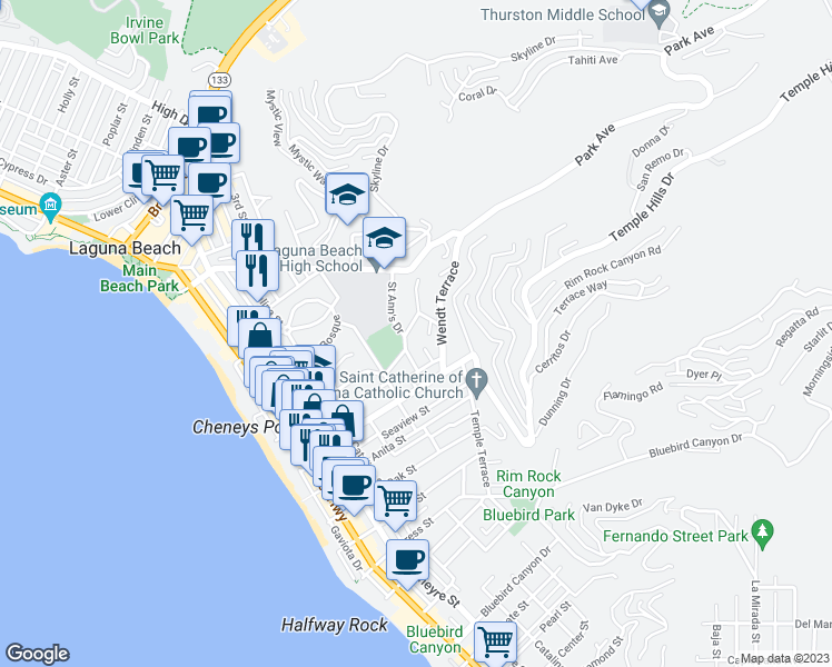 map of restaurants, bars, coffee shops, grocery stores, and more near 721 Browncroft Road in Laguna Beach