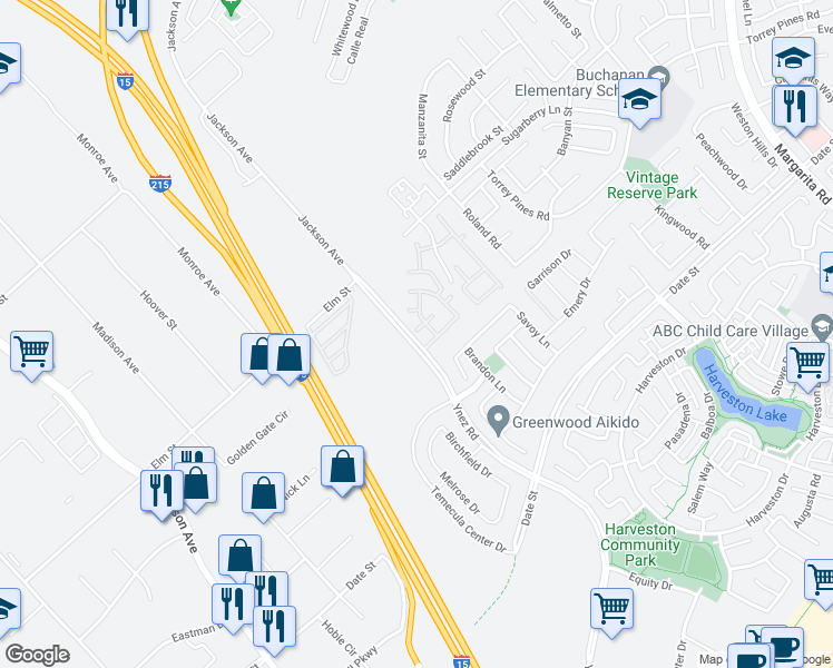 map of restaurants, bars, coffee shops, grocery stores, and more near 26421 Ynez Road in Temecula