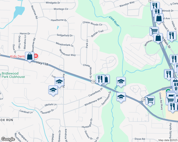 map of restaurants, bars, coffee shops, grocery stores, and more near 7871 Chase Woods Drive in Jonesboro