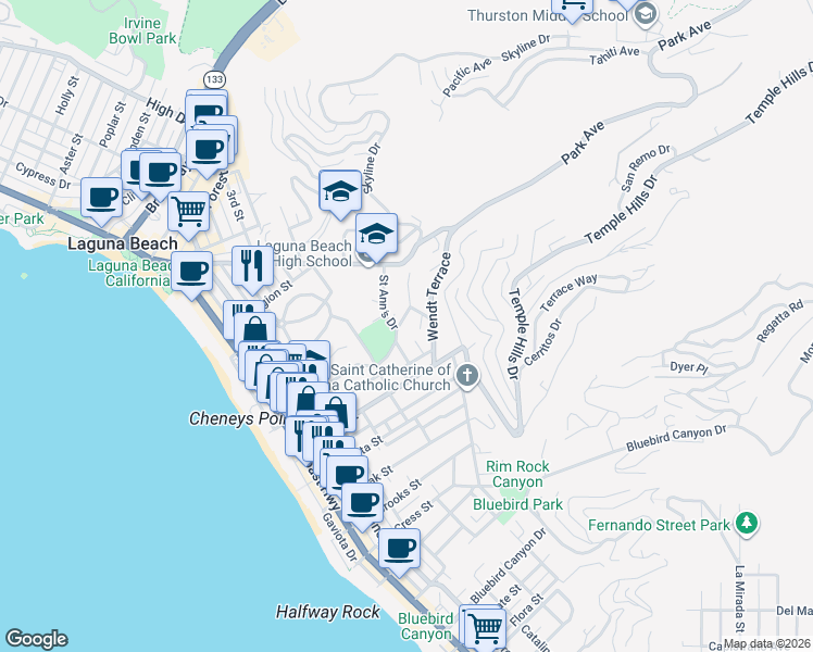 map of restaurants, bars, coffee shops, grocery stores, and more near 721 Browncroft Road in Laguna Beach