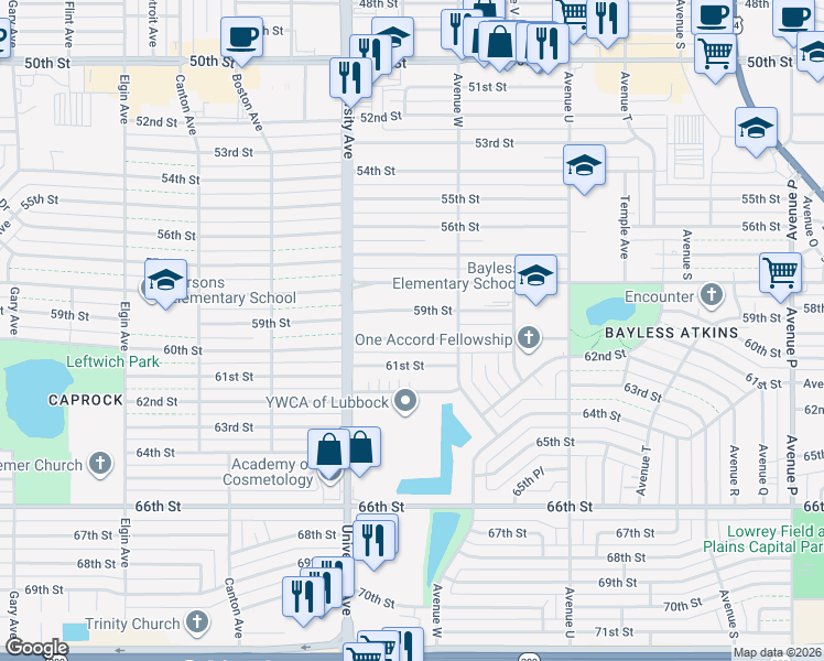 map of restaurants, bars, coffee shops, grocery stores, and more near 2314 60th Street in Lubbock