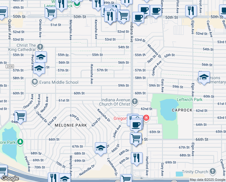 map of restaurants, bars, coffee shops, grocery stores, and more near 3422 60th Street in Lubbock