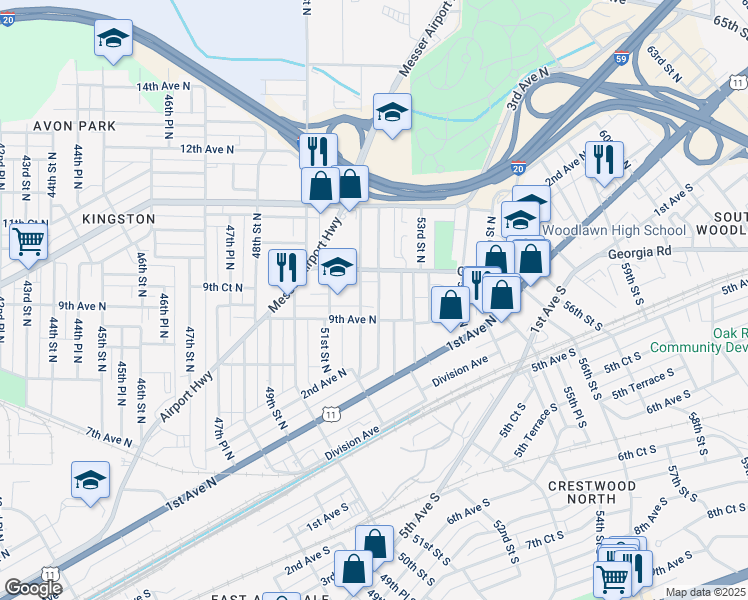 map of restaurants, bars, coffee shops, grocery stores, and more near 916 52nd Pl N in Birmingham