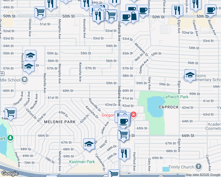 map of restaurants, bars, coffee shops, grocery stores, and more near 3410 60th Street in Lubbock