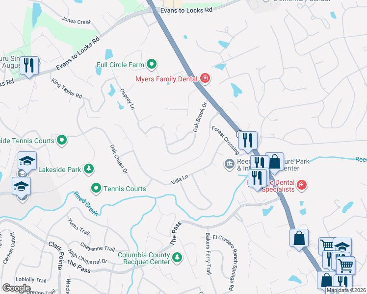 map of restaurants, bars, coffee shops, grocery stores, and more near 560 Oak Brook Drive in Martinez