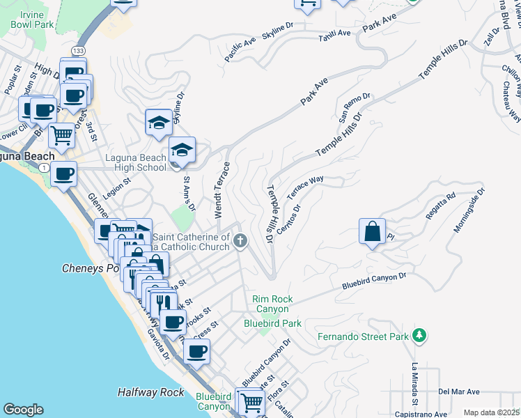 map of restaurants, bars, coffee shops, grocery stores, and more near 905 Canyon View Drive in Laguna Beach