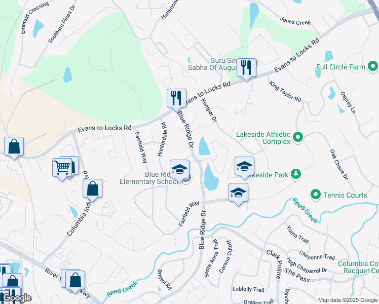 map of restaurants, bars, coffee shops, grocery stores, and more near 1000 Micah Terrace in Evans
