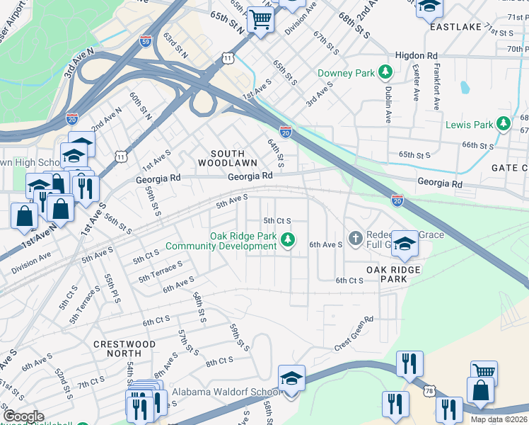 map of restaurants, bars, coffee shops, grocery stores, and more near 521 63rd Street South in Birmingham