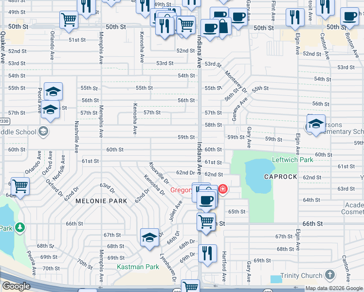 map of restaurants, bars, coffee shops, grocery stores, and more near 3410 60th Street in Lubbock