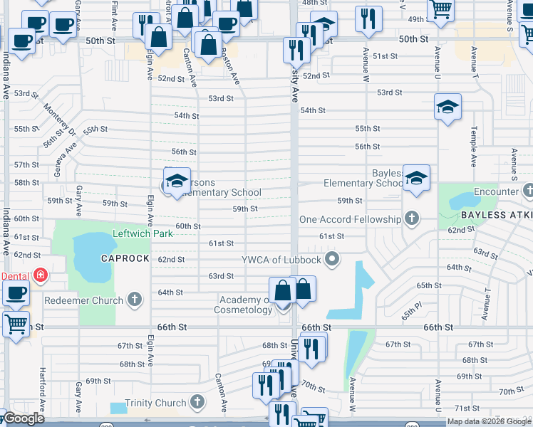 map of restaurants, bars, coffee shops, grocery stores, and more near 2513 59th Street in Lubbock