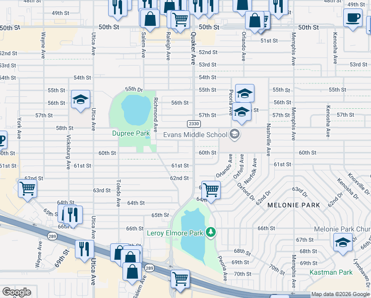 map of restaurants, bars, coffee shops, grocery stores, and more near 4404 60th Street in Lubbock