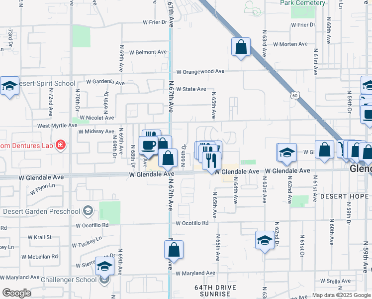map of restaurants, bars, coffee shops, grocery stores, and more near 7101 North 66th Drive in Glendale