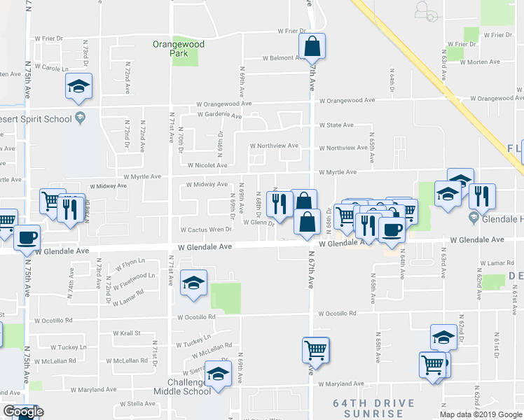 map of restaurants, bars, coffee shops, grocery stores, and more near 7113 North 68th Drive in Glendale