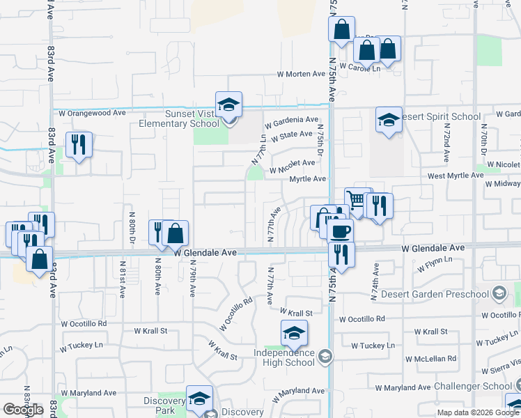 map of restaurants, bars, coffee shops, grocery stores, and more near 7124 North 77th Drive in Glendale