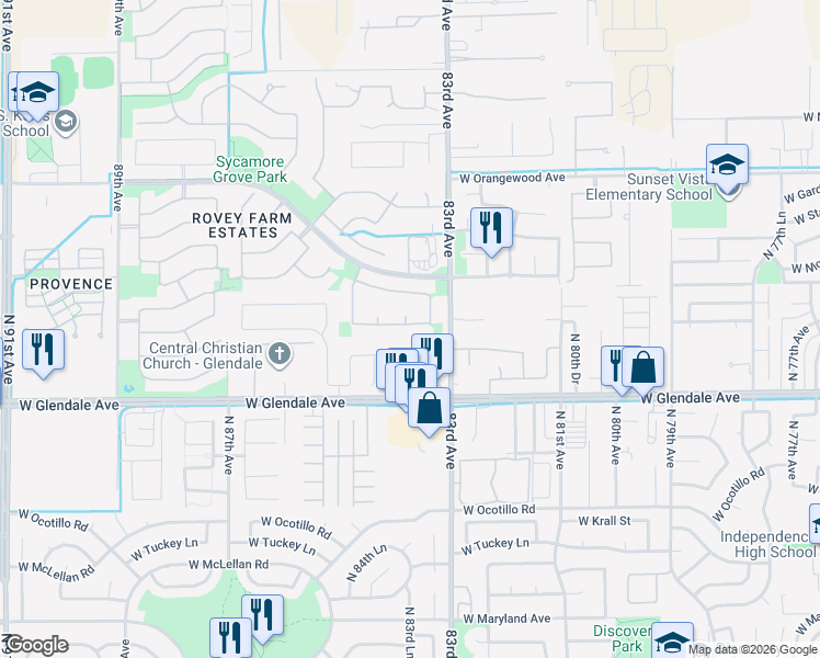 map of restaurants, bars, coffee shops, grocery stores, and more near 8363 West Midway Avenue in Glendale