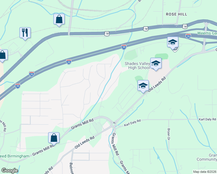 map of restaurants, bars, coffee shops, grocery stores, and more near 1300 Shades Terrace in Irondale