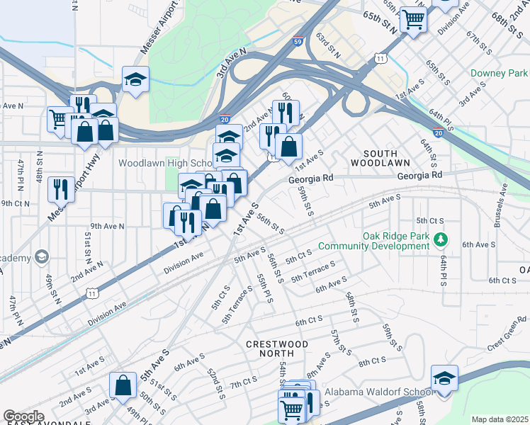 map of restaurants, bars, coffee shops, grocery stores, and more near 125 56th Street South in Birmingham