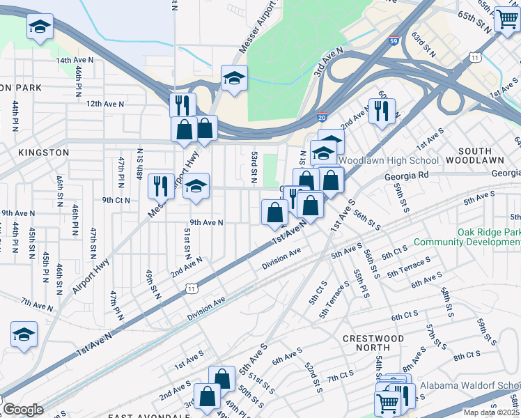 map of restaurants, bars, coffee shops, grocery stores, and more near 917 53rd Street North in Birmingham