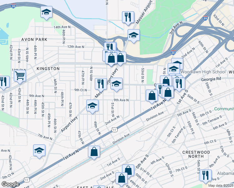 map of restaurants, bars, coffee shops, grocery stores, and more near in Birmingham