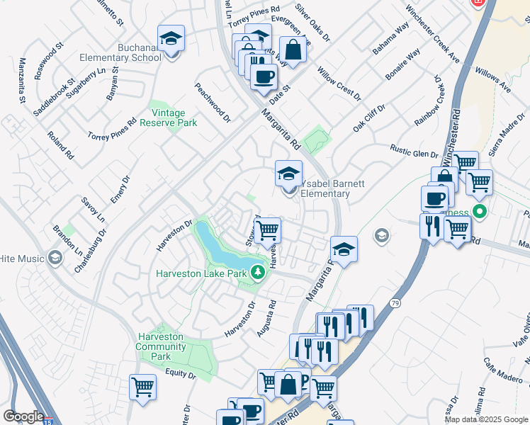 map of restaurants, bars, coffee shops, grocery stores, and more near 40026 Stowe Road in Temecula