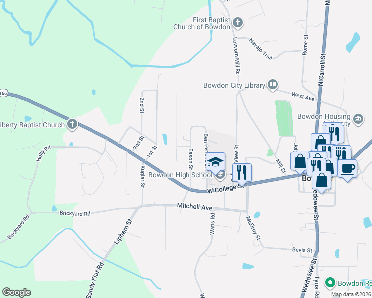map of restaurants, bars, coffee shops, grocery stores, and more near 231 Eason Street in Bowdon