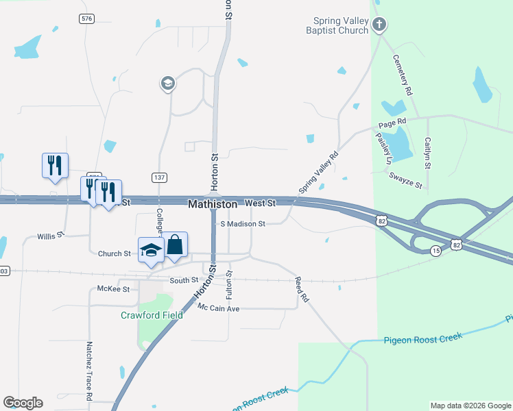map of restaurants, bars, coffee shops, grocery stores, and more near West Street in Mathiston