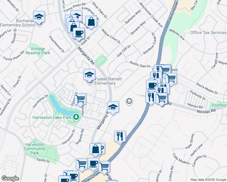 map of restaurants, bars, coffee shops, grocery stores, and more near 27142 Majello Court in Temecula