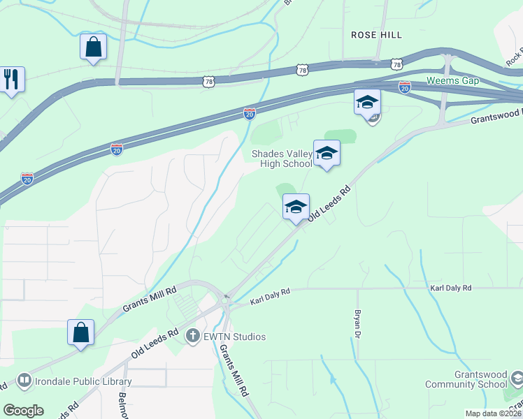 map of restaurants, bars, coffee shops, grocery stores, and more near 5998 Old Leeds Road in Irondale