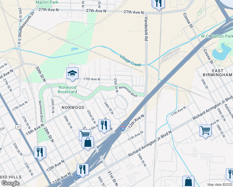 map of restaurants, bars, coffee shops, grocery stores, and more near 32 Norwood Circle in Birmingham