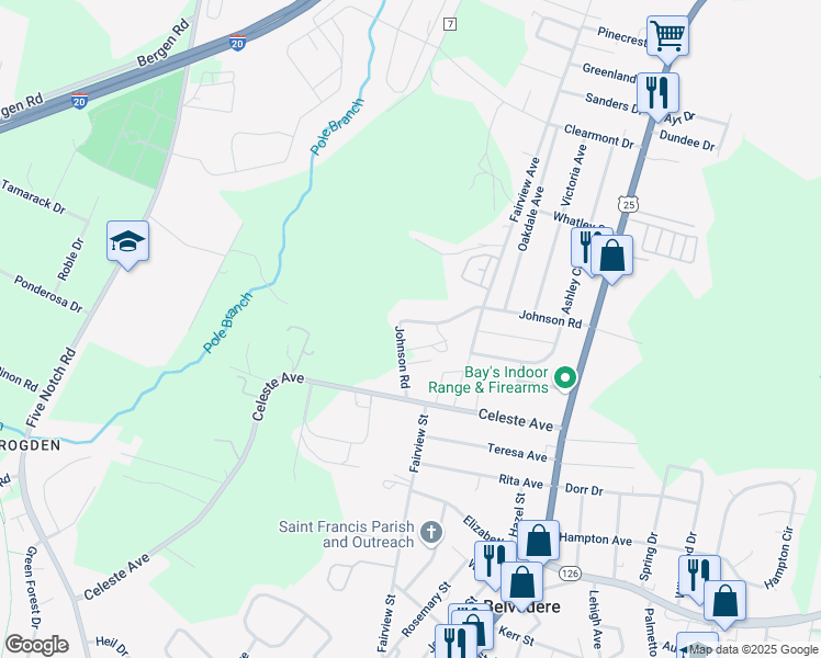 map of restaurants, bars, coffee shops, grocery stores, and more near 289 Johnson Road in Belvedere