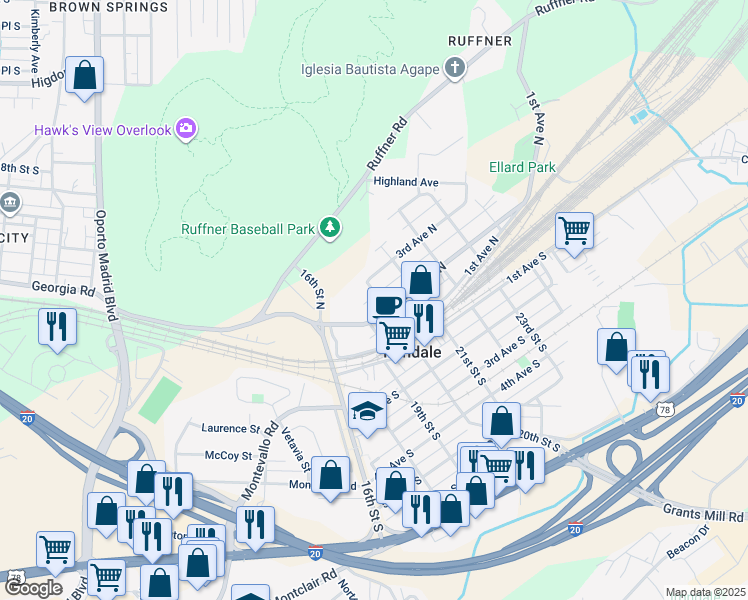 map of restaurants, bars, coffee shops, grocery stores, and more near 210 20th Street North in Irondale