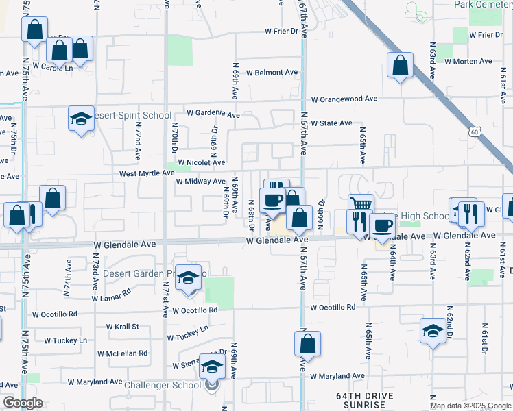 map of restaurants, bars, coffee shops, grocery stores, and more near 7113 North 68th Drive in Glendale