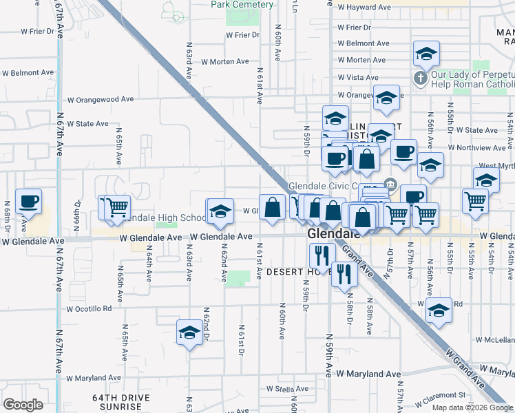 map of restaurants, bars, coffee shops, grocery stores, and more near 6102 West Glenn Drive in Glendale