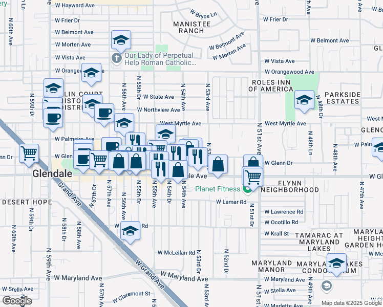 map of restaurants, bars, coffee shops, grocery stores, and more near 7101 North 54th Avenue in Glendale