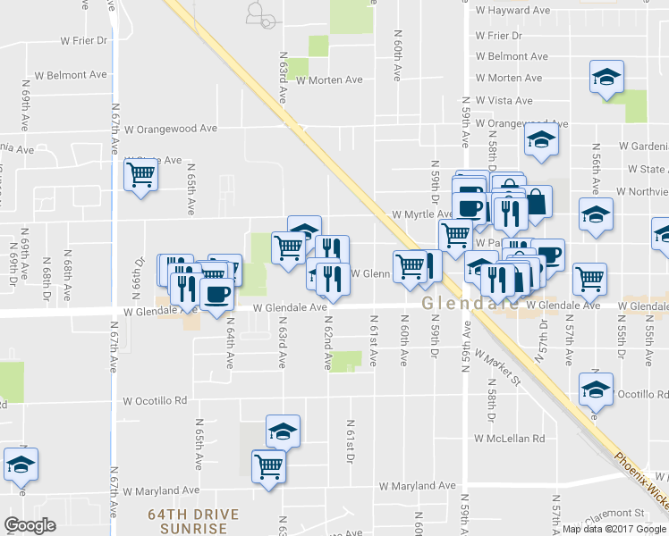 map of restaurants, bars, coffee shops, grocery stores, and more near 6200 W Glenn Dr in Glendale