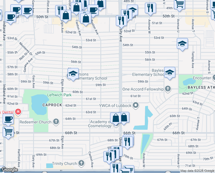 map of restaurants, bars, coffee shops, grocery stores, and more near 2513 59th Street in Lubbock