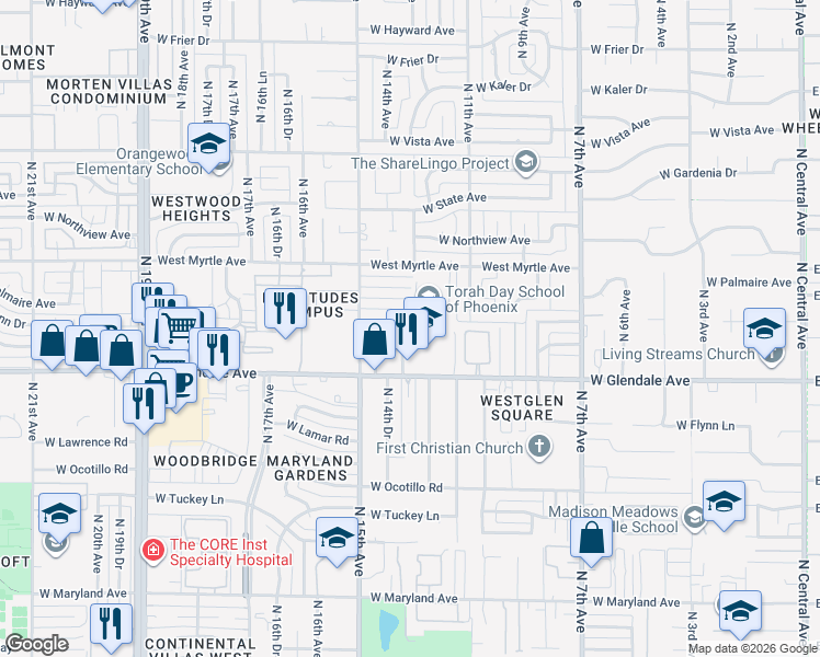 map of restaurants, bars, coffee shops, grocery stores, and more near 7035 North 14th Avenue in Phoenix