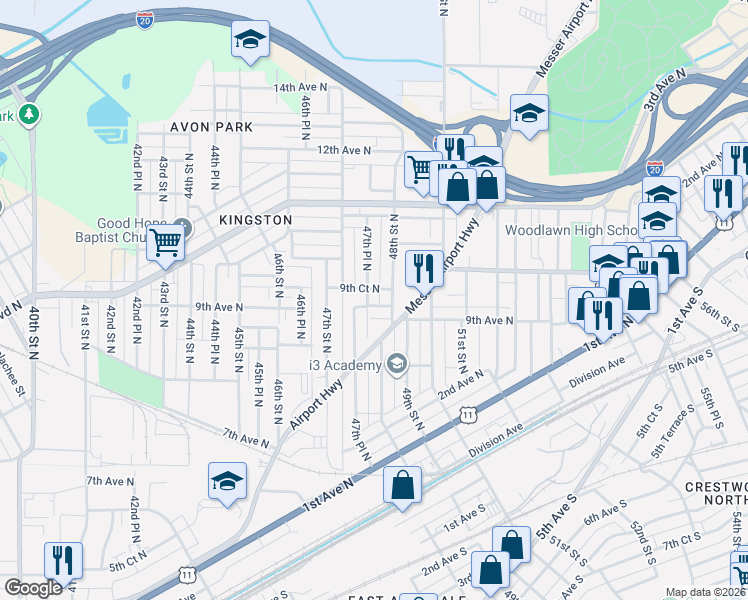 map of restaurants, bars, coffee shops, grocery stores, and more near 917 47th Pl N in Birmingham