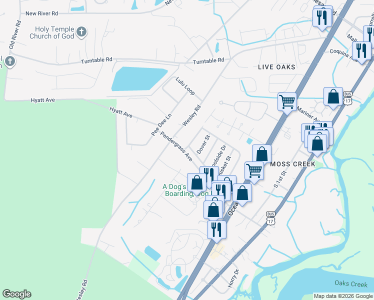 map of restaurants, bars, coffee shops, grocery stores, and more near 6 Crooked Island Circle in Murrells Inlet