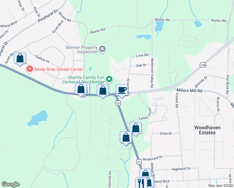map of restaurants, bars, coffee shops, grocery stores, and more near Highway 138 in Stockbridge