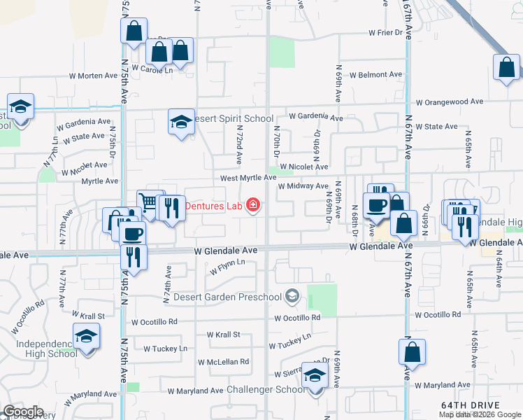 map of restaurants, bars, coffee shops, grocery stores, and more near 7136 West Glenn Drive in Glendale