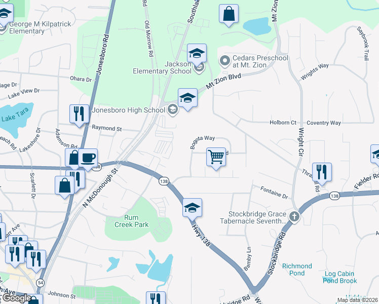 map of restaurants, bars, coffee shops, grocery stores, and more near 1518 Bogota Way in Jonesboro
